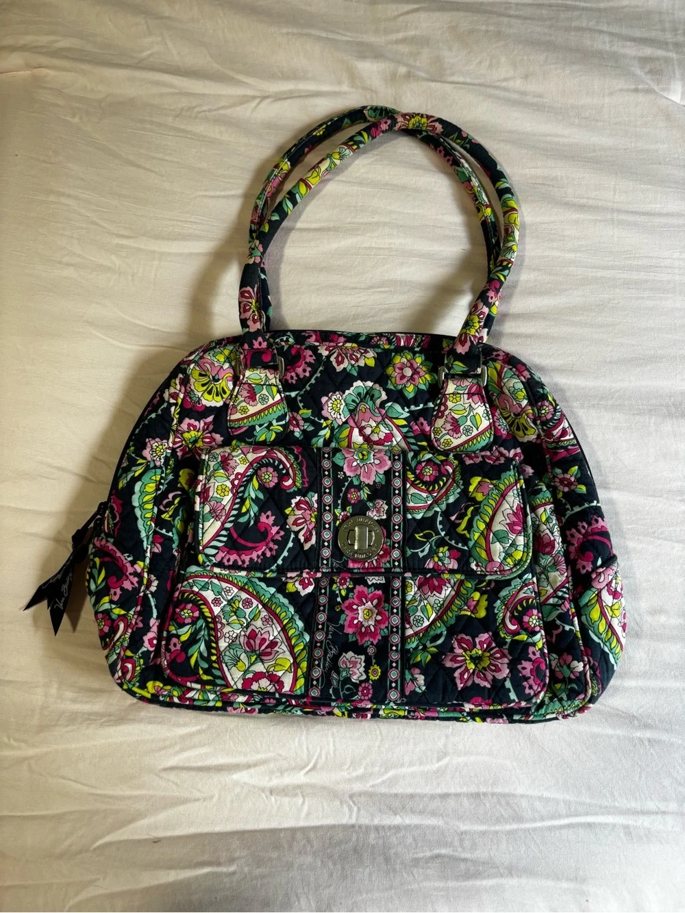 Vera Bradley Black Quilted Satchel with Pink & Green Paisley